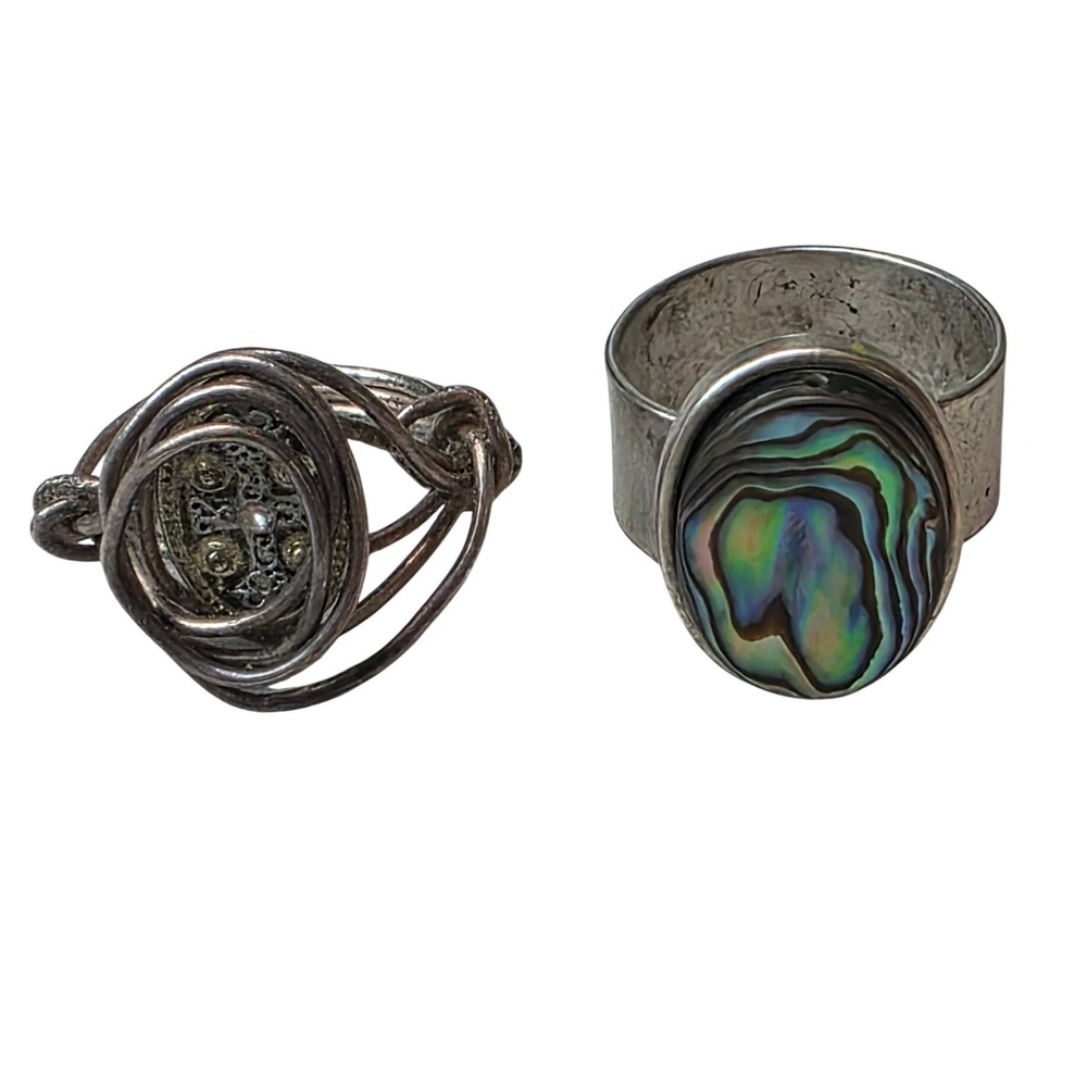Vintage Artisan Abalone Shell Statement Ring and Wire Wrapped Nest Ring Set K2